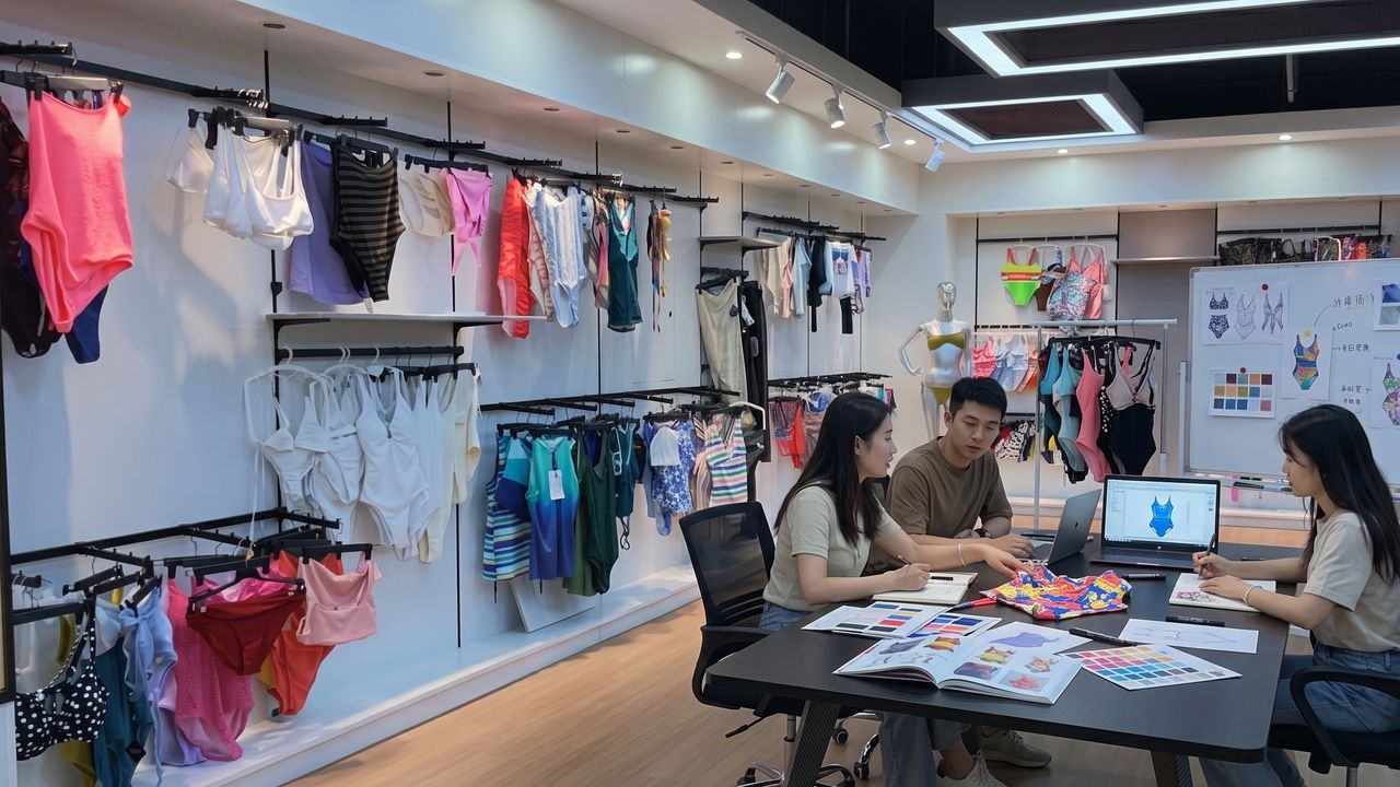 Design team reviewing swimwear samples in the R&D studio / 研发中心实拍：设计团队在样衣间讨论款式